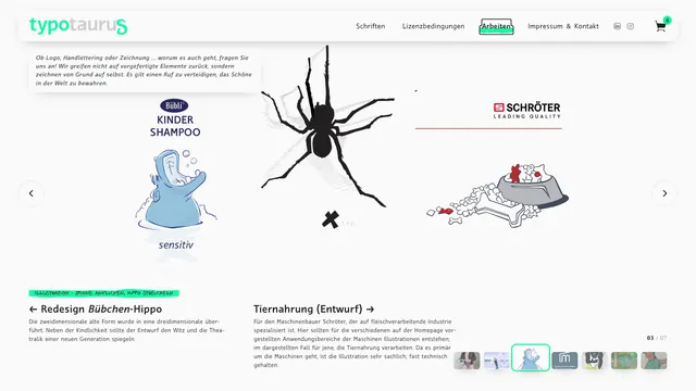 typotaurus-Galerie: Redesign Bübchen-Hippo, eine Spinne und Tiernahrung für Schröter