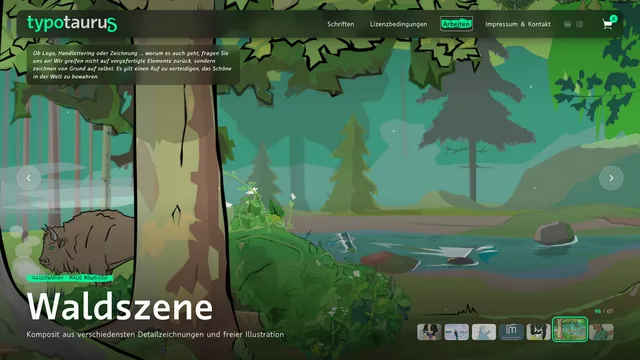 typotaurus: die Waldszene füllt den ganzen Bildschirm, die Navigation wird zur dunklen Glasleiste